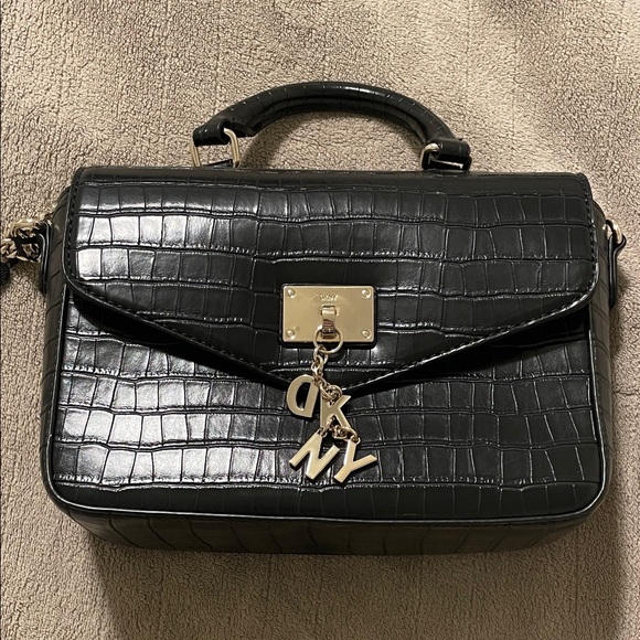 DKNY Women Black Top Handle Crocodile Embossed Crossbody Handbag